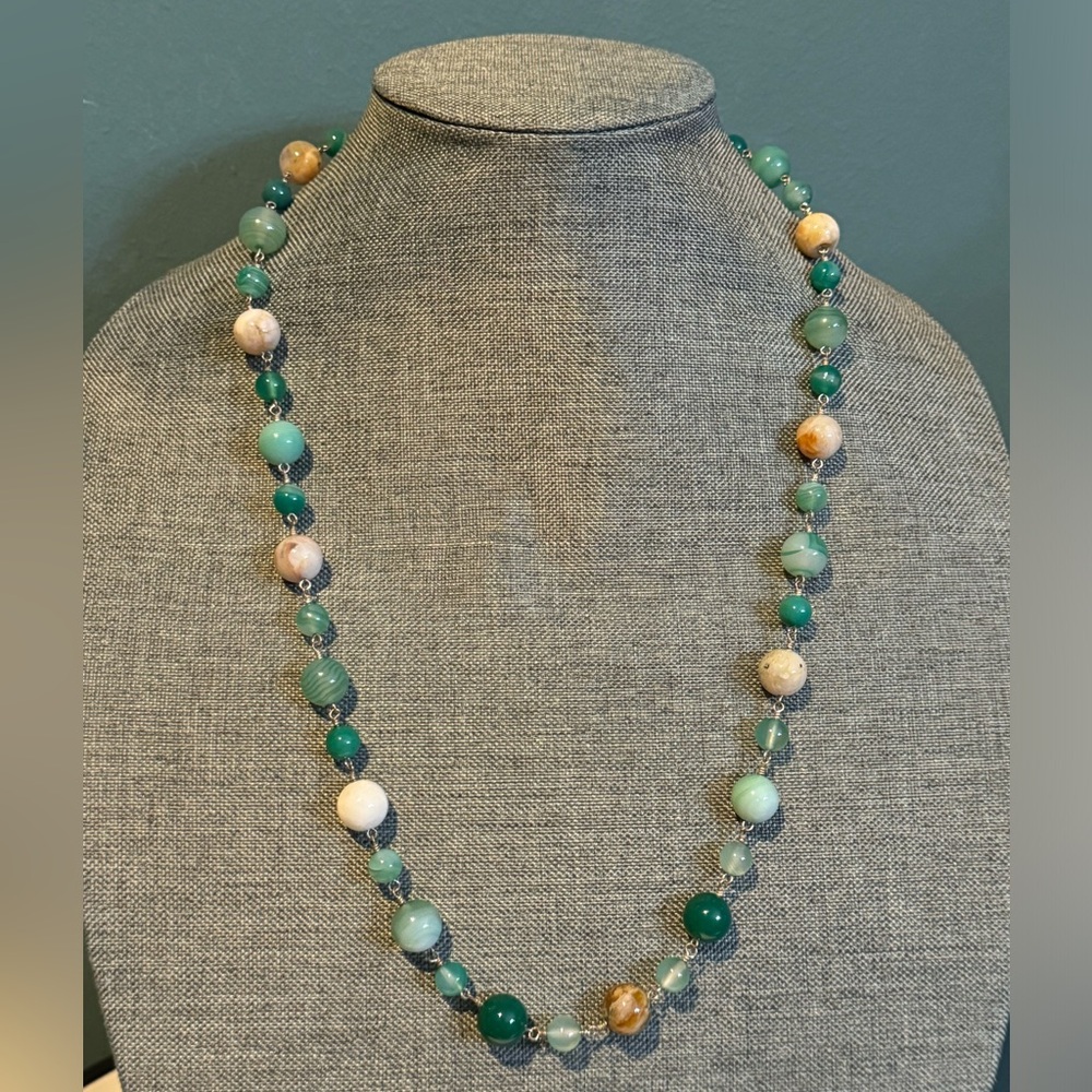 Real Stone Green and Cream Beaded Necklace - Amazonite and Fuchsite?